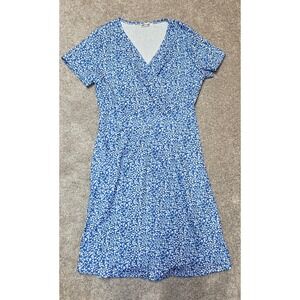 MSBASIC Women Blue White Floral  V-Neck A-Line Dress Size Large ShortSleeve
378